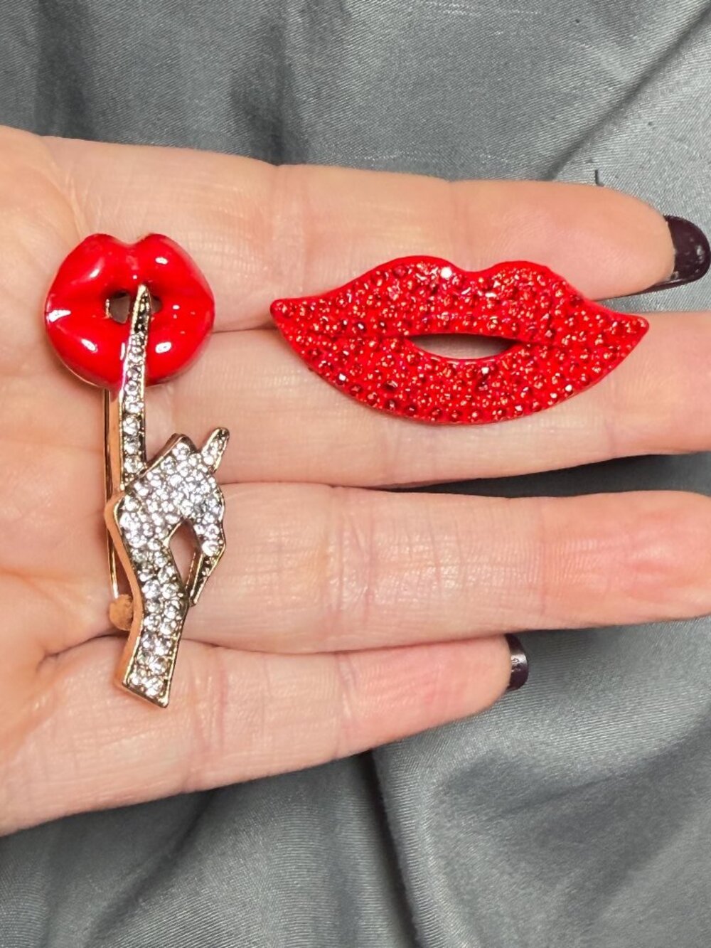 Lips Brooch Set Rhinestone Red Lip Shhh Finger Pin Statement Costume